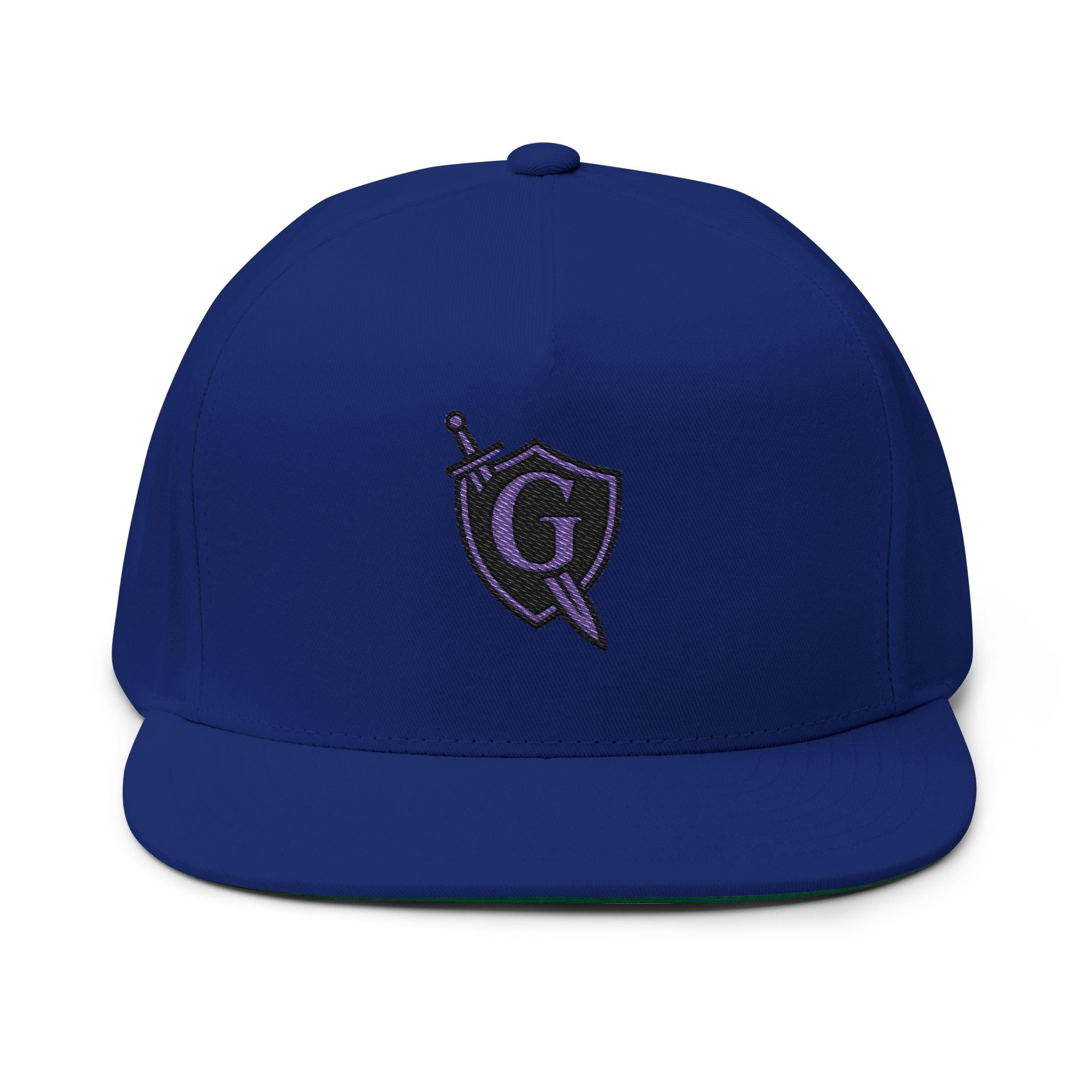 Guardian Embroidered Shield & Sword Flat Bill Cap — Purple Crest Snapback