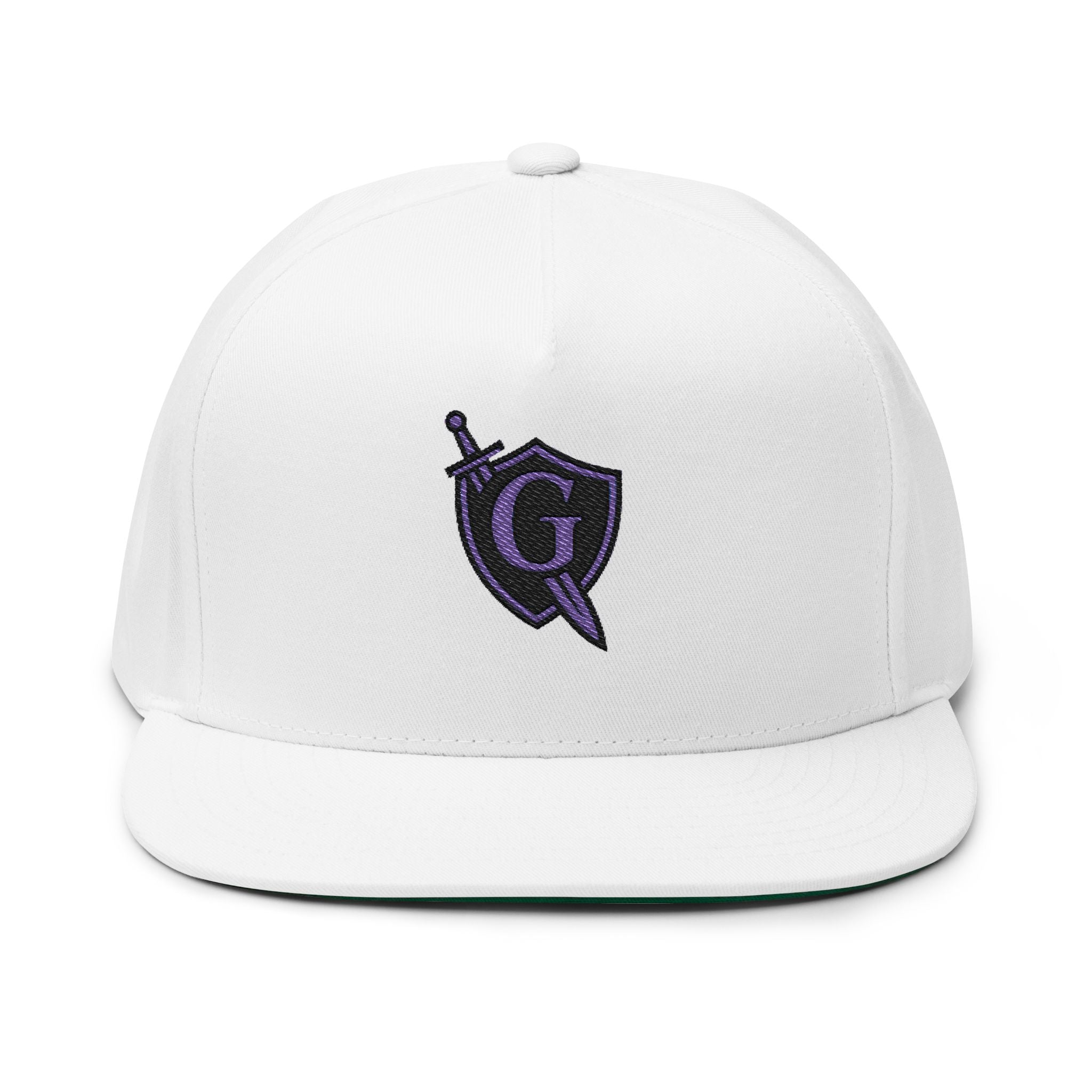 Guardian Embroidered Shield & Sword Flat Bill Cap — Purple Crest Snapback
