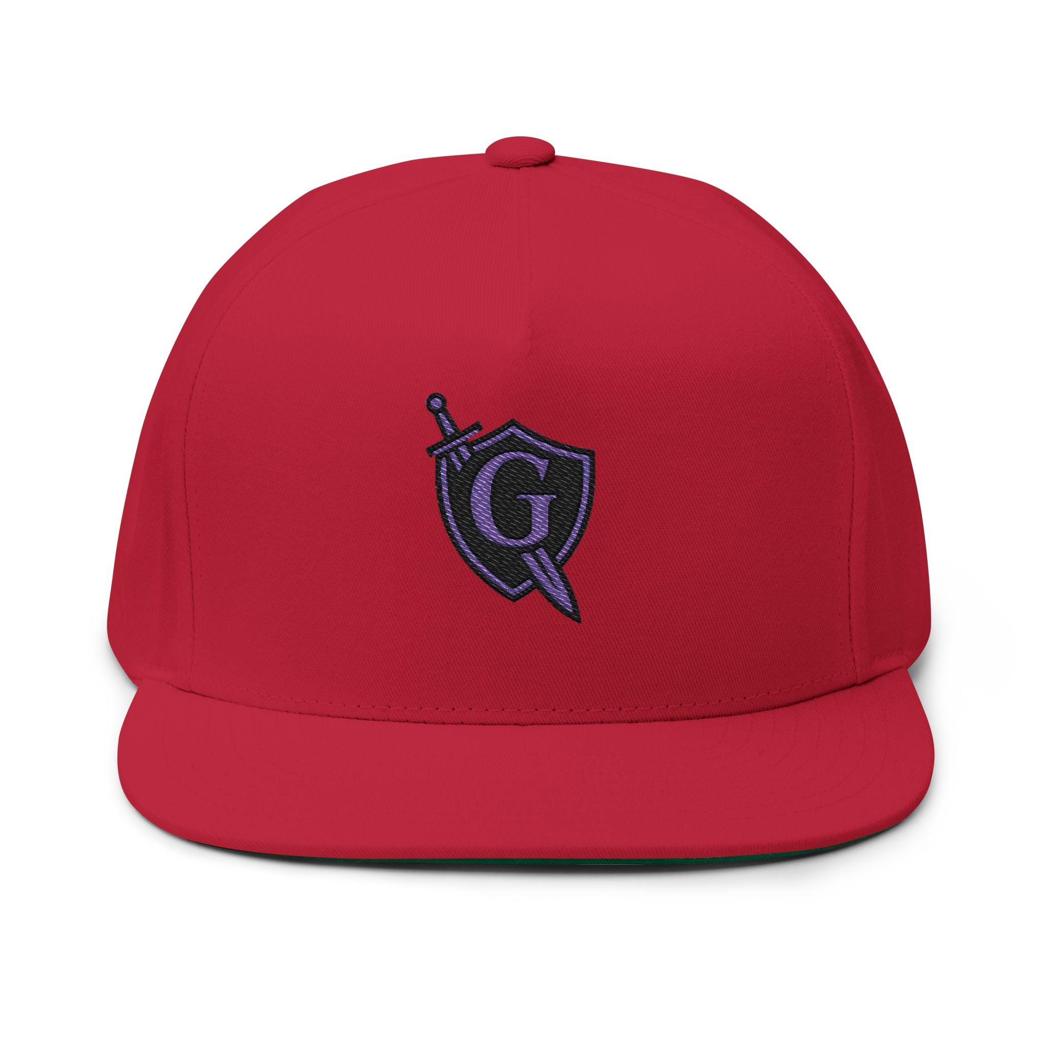 Guardian Embroidered Shield & Sword Flat Bill Cap — Purple Crest Snapback